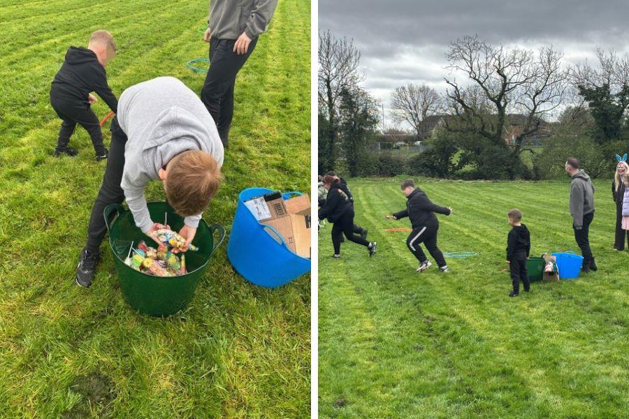 Young people and staff taking part in outdoor Easter activities on a grassy field, with children collecting colourful Easter eggs into buckets and others running during a group game, with cones and equipment set out across the grass.